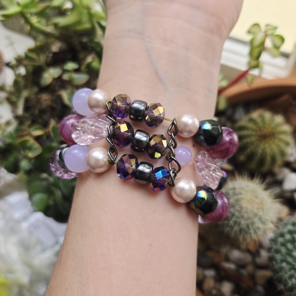 Vintage Purple & Pink Oversized Boho Bohemian Bead Layer Beaded Stretch Bracelet - Picture 10 of 11